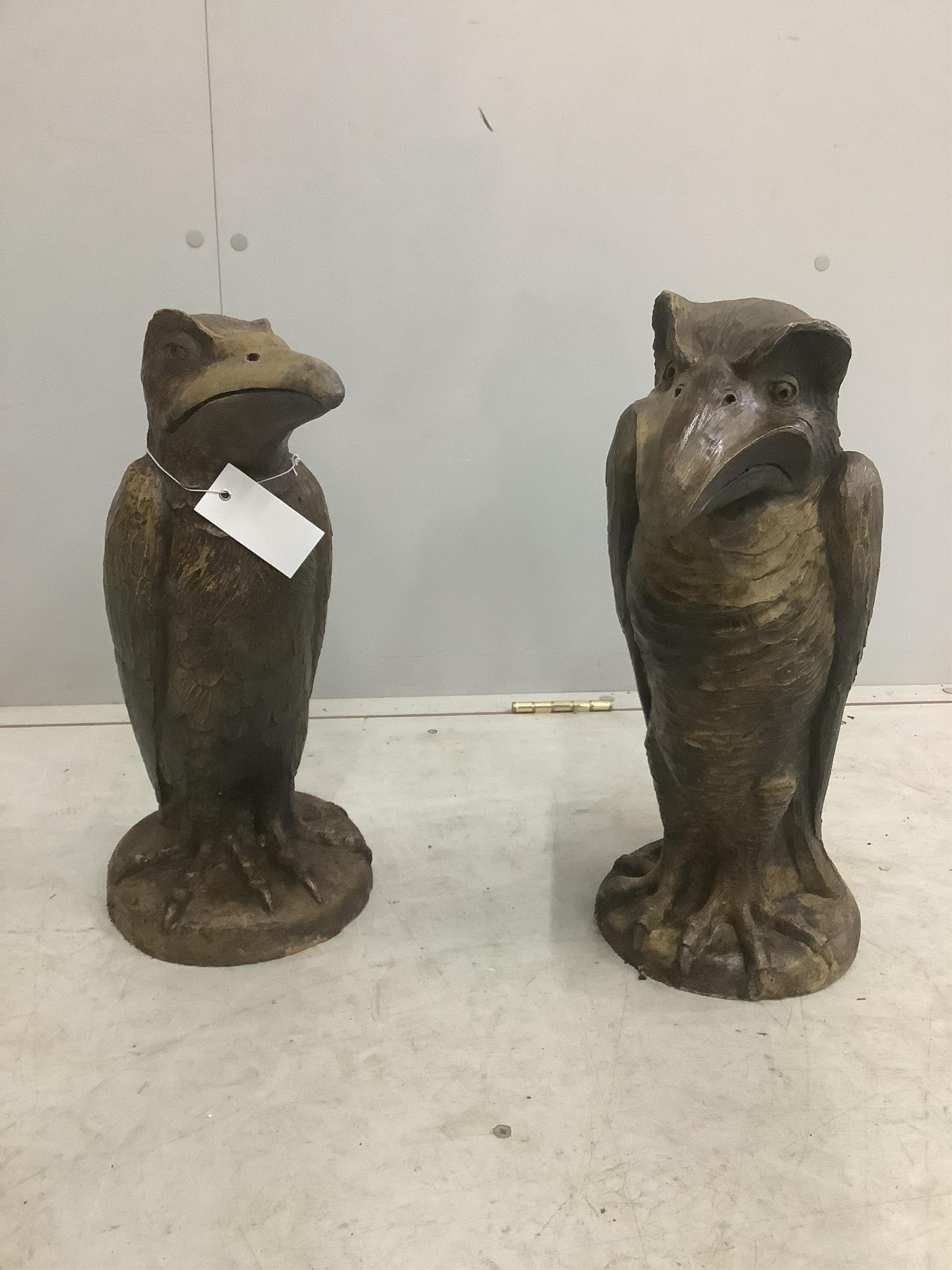 Two Martin Brothers style cast stone Wally Bird garden ornaments, larger height 46cm. Condition - fair